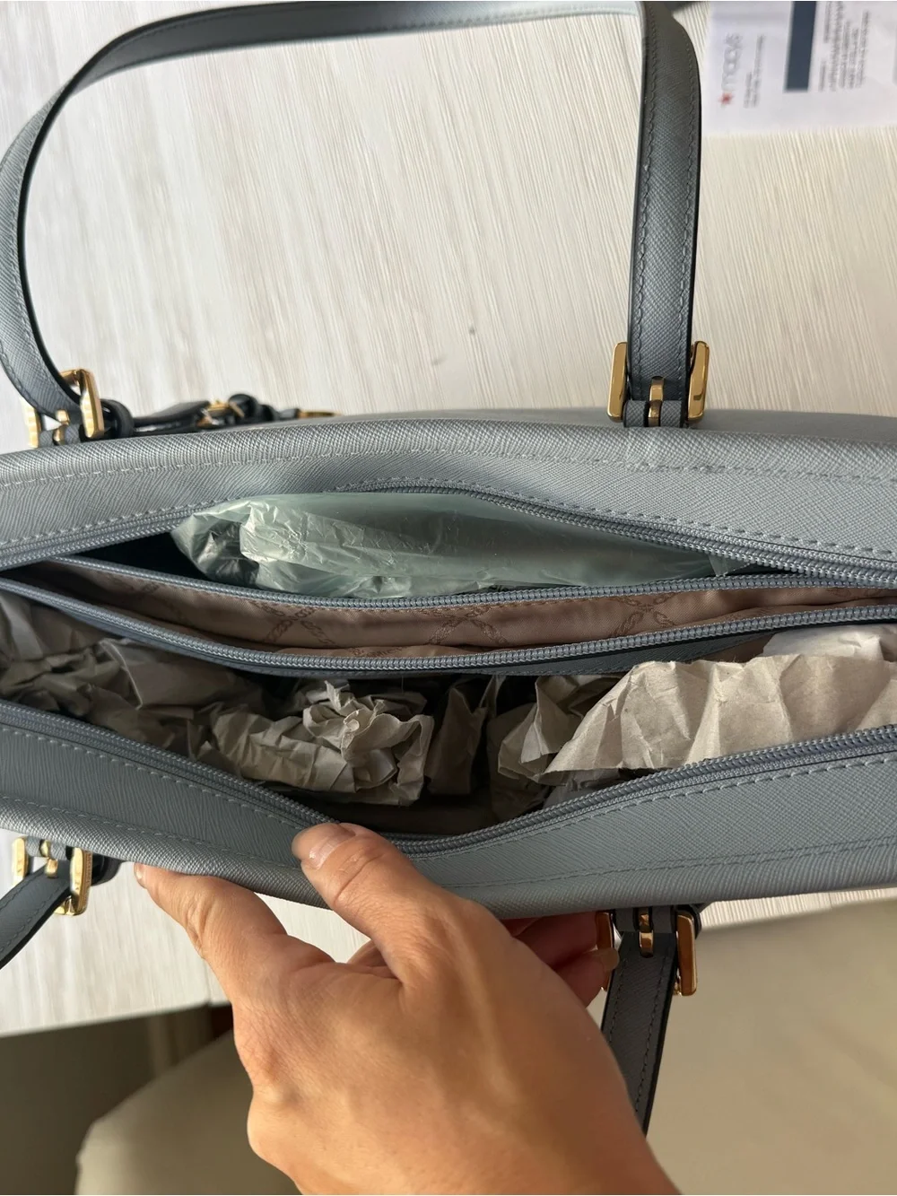 Michael Kors Slate Blue Leather Tote with Gold Logo Charm